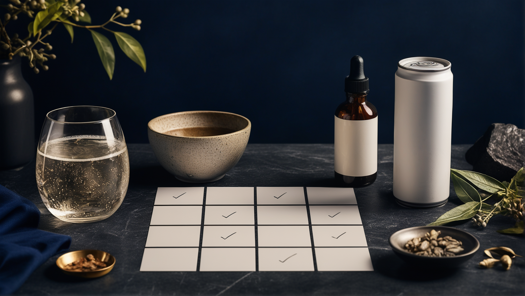 Several alcohol-alternative drink formats arranged around a comparison grid